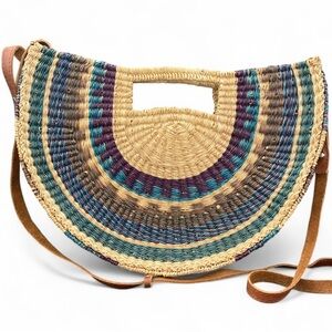 Nena & Co. Woven Semi-Circle Straw Shoulder Bag in Natural, Teal & Purple